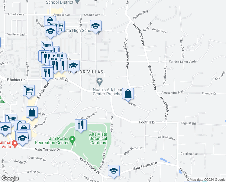 map of restaurants, bars, coffee shops, grocery stores, and more near 1500 Elm Drive in Vista