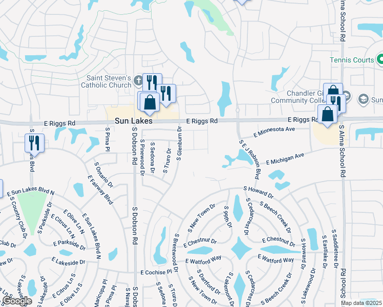 map of restaurants, bars, coffee shops, grocery stores, and more near 25401 South Glenburn Drive in Sun Lakes