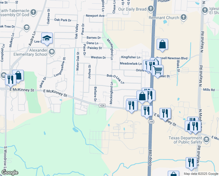 map of restaurants, bars, coffee shops, grocery stores, and more near 217 Mockingbird Lane in Denton