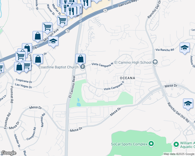 map of restaurants, bars, coffee shops, grocery stores, and more near 3760 Vista Campana South in Oceanside
