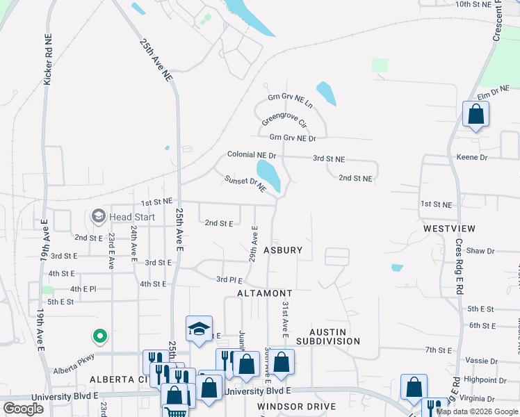 map of restaurants, bars, coffee shops, grocery stores, and more near 107 29th Avenue East in Tuscaloosa