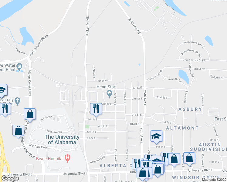 map of restaurants, bars, coffee shops, grocery stores, and more near 2225 1st Street East in Tuscaloosa
