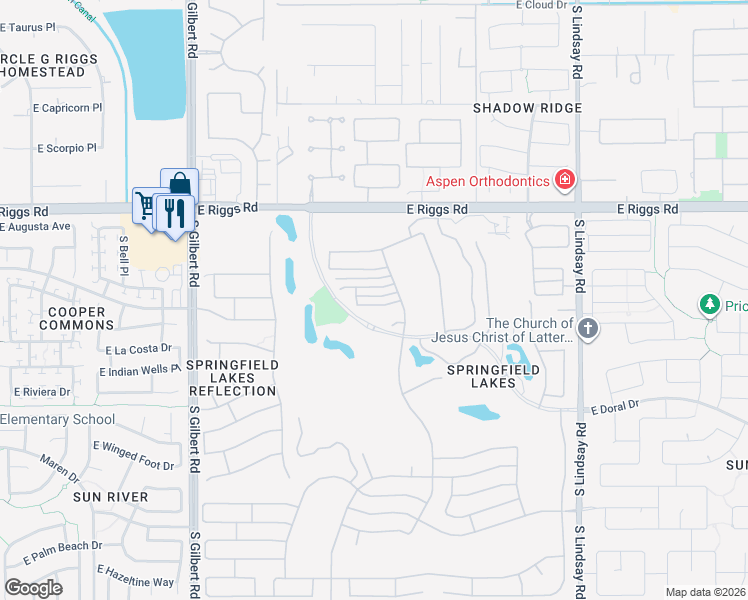 map of restaurants, bars, coffee shops, grocery stores, and more near 3446 East Waterview Drive in Chandler