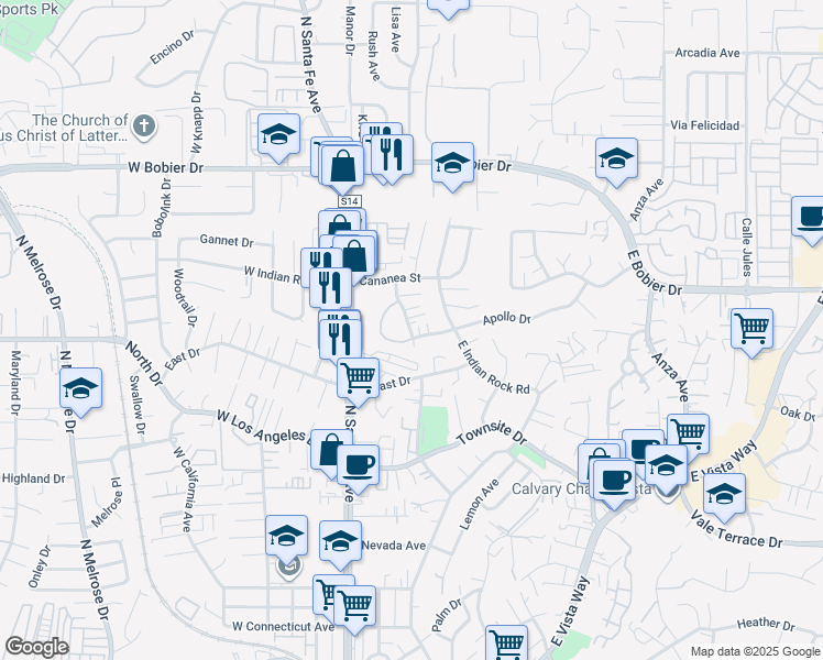 map of restaurants, bars, coffee shops, grocery stores, and more near 13-24 North Citrus Avenue in Vista