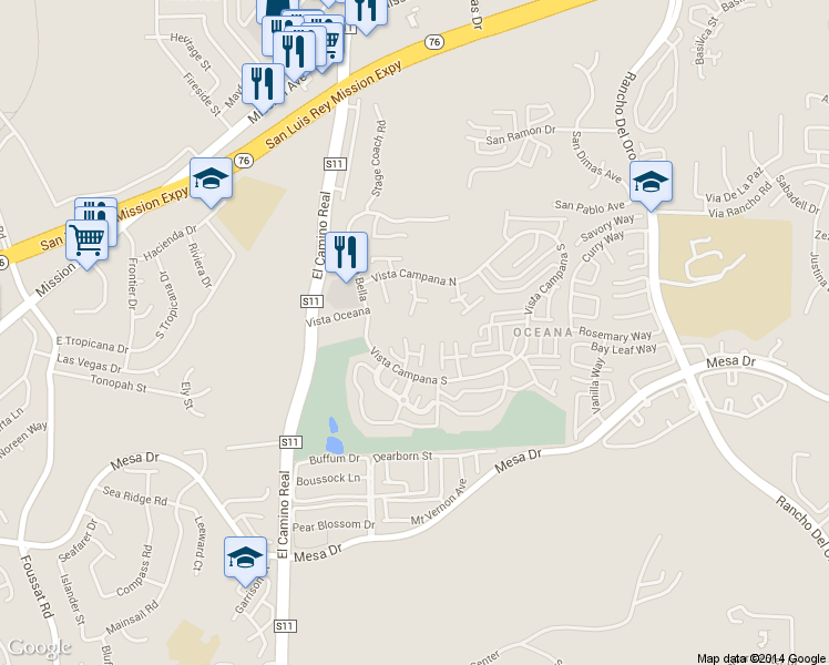 map of restaurants, bars, coffee shops, grocery stores, and more near 3760 Vista Campana South in Oceanside