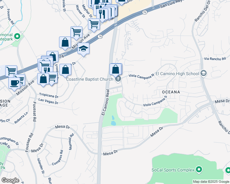 map of restaurants, bars, coffee shops, grocery stores, and more near 3625 Vista Oceana in Oceanside