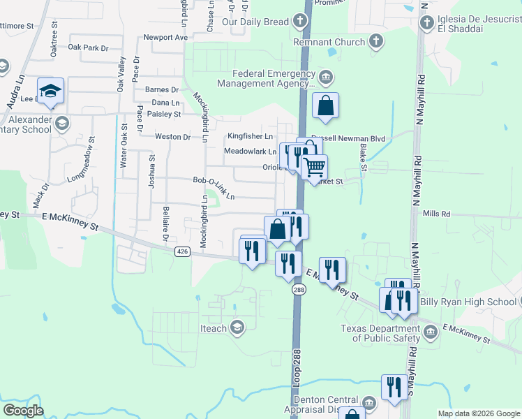 map of restaurants, bars, coffee shops, grocery stores, and more near 3411 Hummingbird Lane in Denton