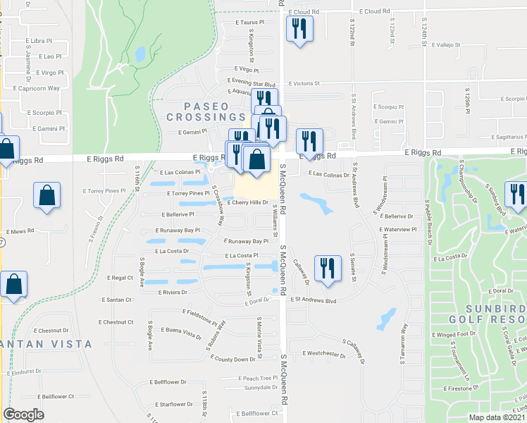 map of restaurants, bars, coffee shops, grocery stores, and more near 950 East Bellerive Place in Chandler