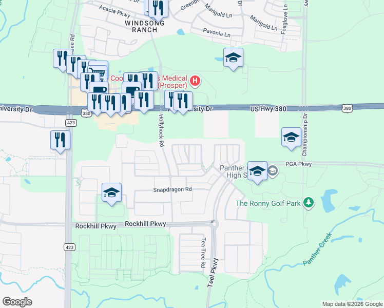 map of restaurants, bars, coffee shops, grocery stores, and more near 16604 Indiangrass Road in Frisco