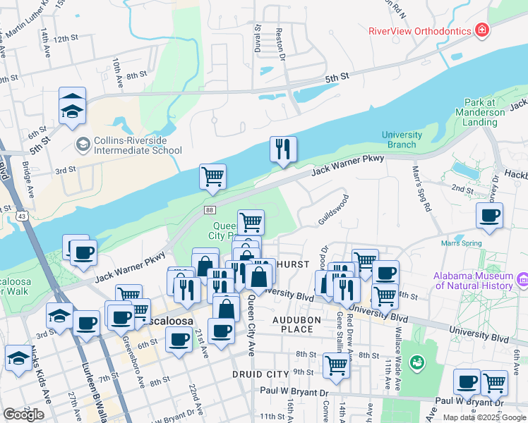 map of restaurants, bars, coffee shops, grocery stores, and more near 1747 Jack Warner Parkway Northeast in Tuscaloosa