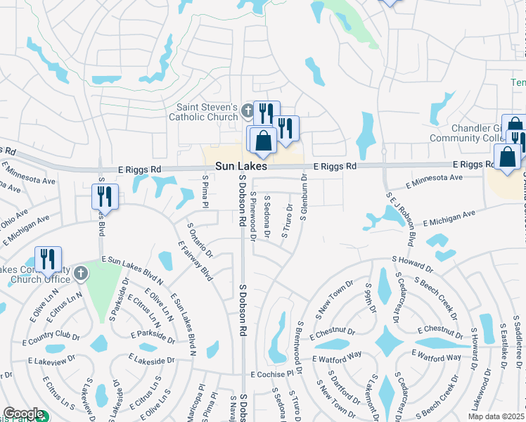 map of restaurants, bars, coffee shops, grocery stores, and more near 25408 South Sedona Drive in Sun Lakes