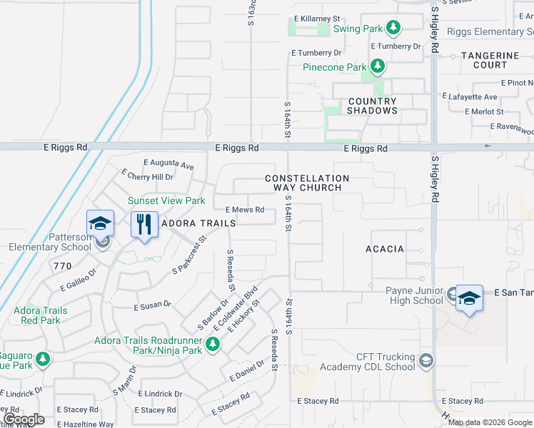 map of restaurants, bars, coffee shops, grocery stores, and more near 2751 East Mews Road in Gilbert