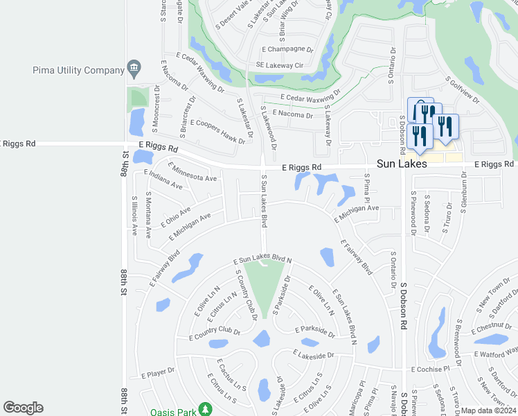 map of restaurants, bars, coffee shops, grocery stores, and more near 25615 South Fairway Court in Sun Lakes