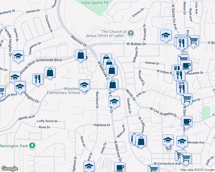 map of restaurants, bars, coffee shops, grocery stores, and more near 615 North Avenue in Vista