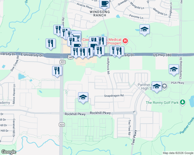 map of restaurants, bars, coffee shops, grocery stores, and more near 1739 Coralbead Road in Frisco