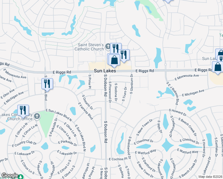 map of restaurants, bars, coffee shops, grocery stores, and more near 25408 South Sedona Drive in Sun Lakes