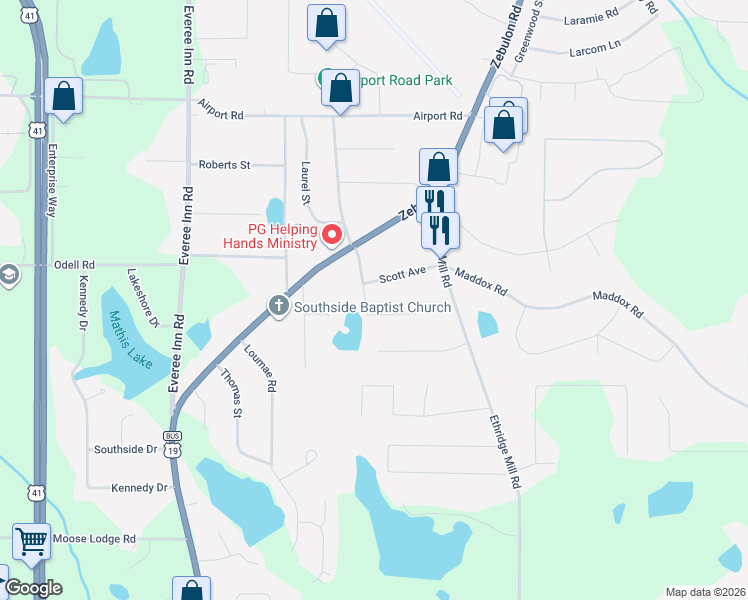 map of restaurants, bars, coffee shops, grocery stores, and more near 206 Rosedale Drive in Griffin