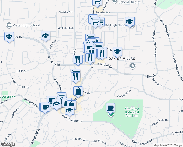 map of restaurants, bars, coffee shops, grocery stores, and more near 1092 Delpy View Point in Vista