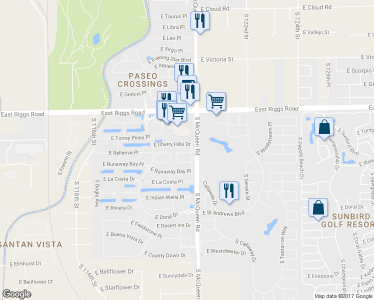 map of restaurants, bars, coffee shops, grocery stores, and more near 970 East Bellerive Place in Chandler