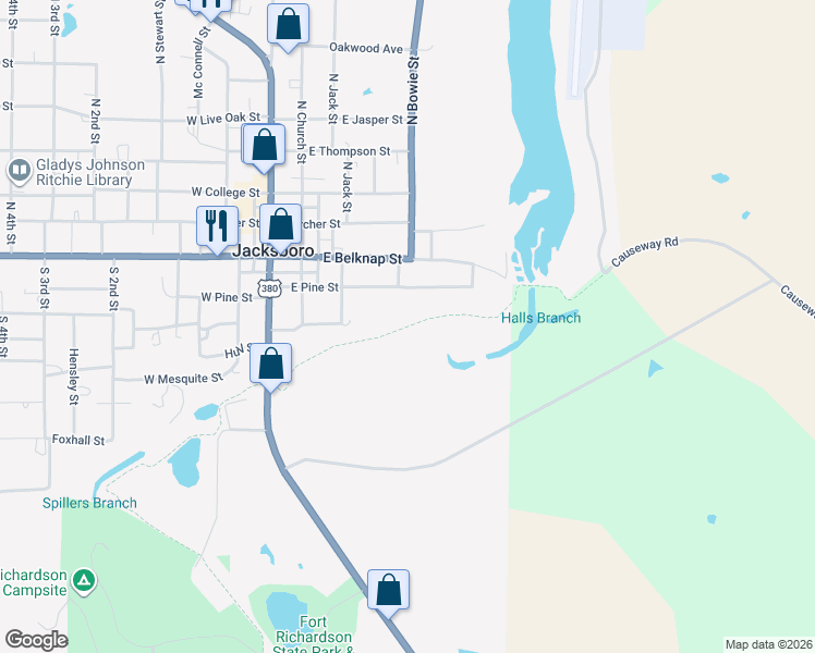 map of restaurants, bars, coffee shops, grocery stores, and more near Causeway Road in Jacksboro