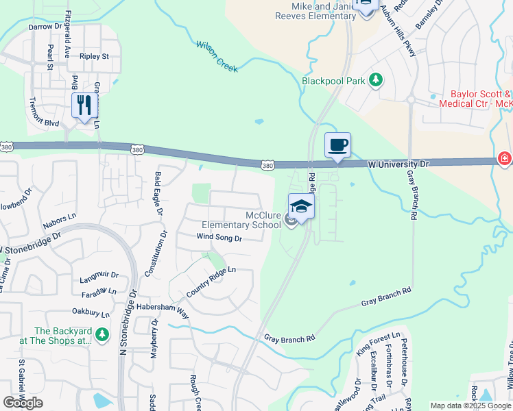 map of restaurants, bars, coffee shops, grocery stores, and more near 6300 Valley View Drive in McKinney