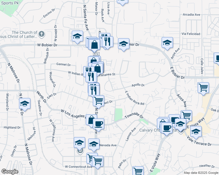 map of restaurants, bars, coffee shops, grocery stores, and more near 13-24 North Citrus Avenue in Vista