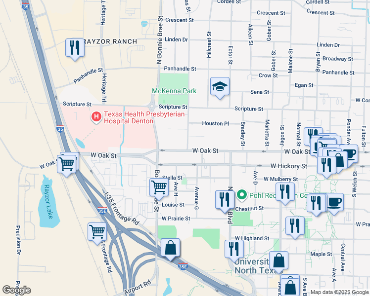 map of restaurants, bars, coffee shops, grocery stores, and more near 2266 West Oak Street in Denton