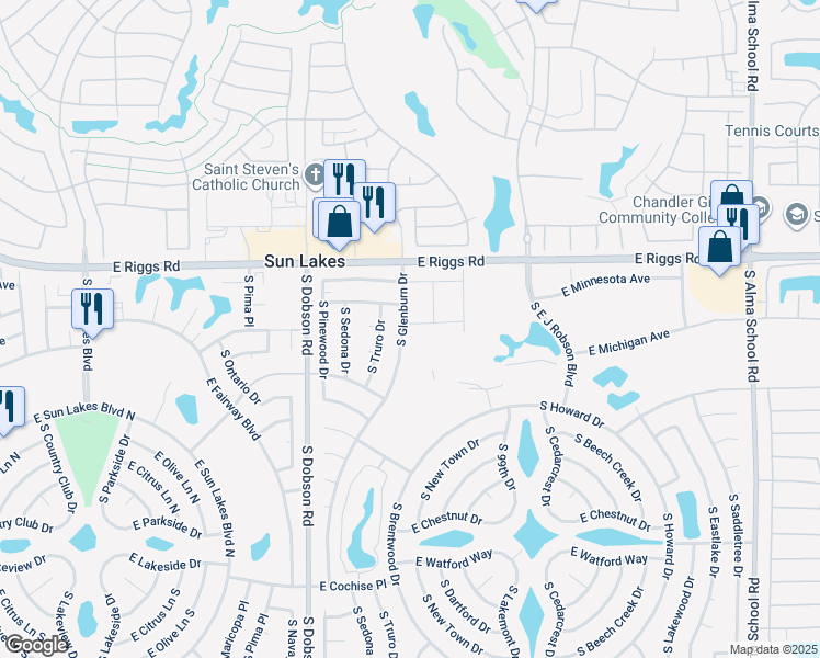 map of restaurants, bars, coffee shops, grocery stores, and more near 25401 South Glenburn Drive in Sun Lakes