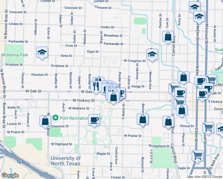 map of restaurants, bars, coffee shops, grocery stores, and more near 1226 West Oak Street in Denton
