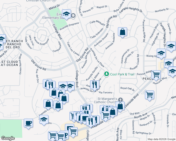 map of restaurants, bars, coffee shops, grocery stores, and more near 1771 Avenida Vista Labera in Oceanside