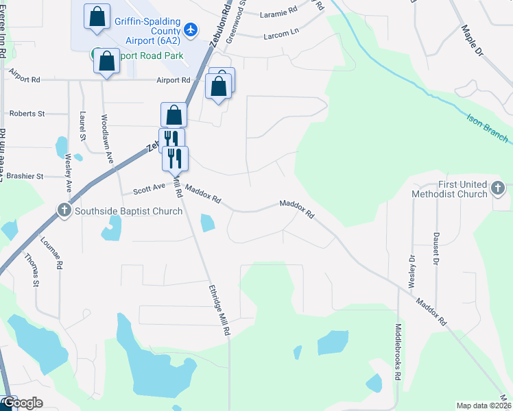 map of restaurants, bars, coffee shops, grocery stores, and more near 207 Maddox Road in Griffin