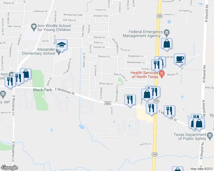 map of restaurants, bars, coffee shops, grocery stores, and more near 3008 Montclair Place in Denton