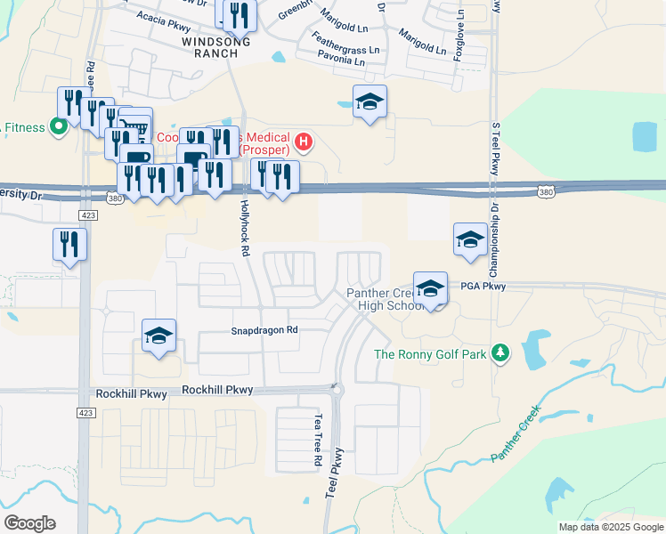 map of restaurants, bars, coffee shops, grocery stores, and more near 16625 Buttonwood Road in Frisco