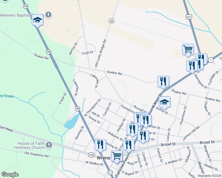 map of restaurants, bars, coffee shops, grocery stores, and more near 411 Russell Street in Wrens