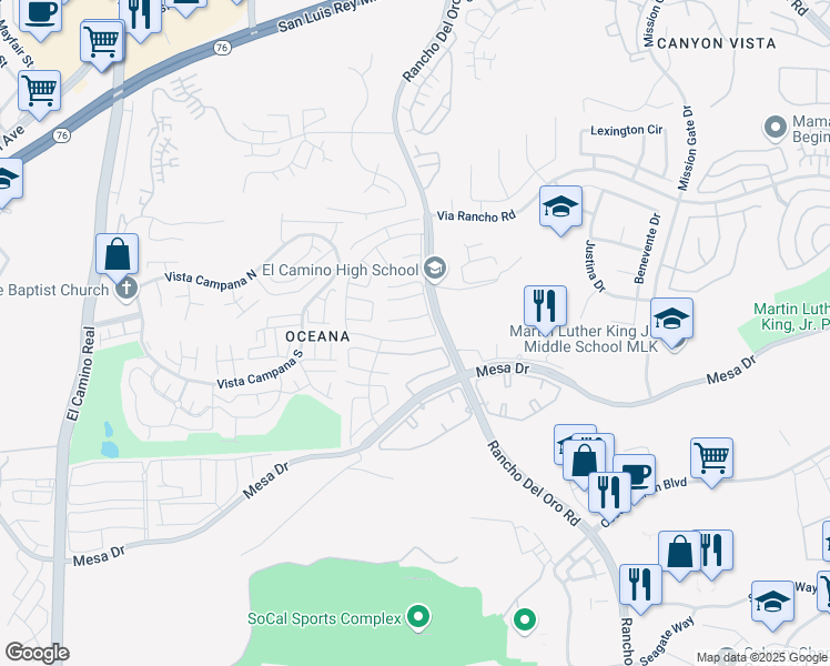 map of restaurants, bars, coffee shops, grocery stores, and more near 3836 Rosemary Way in Oceanside