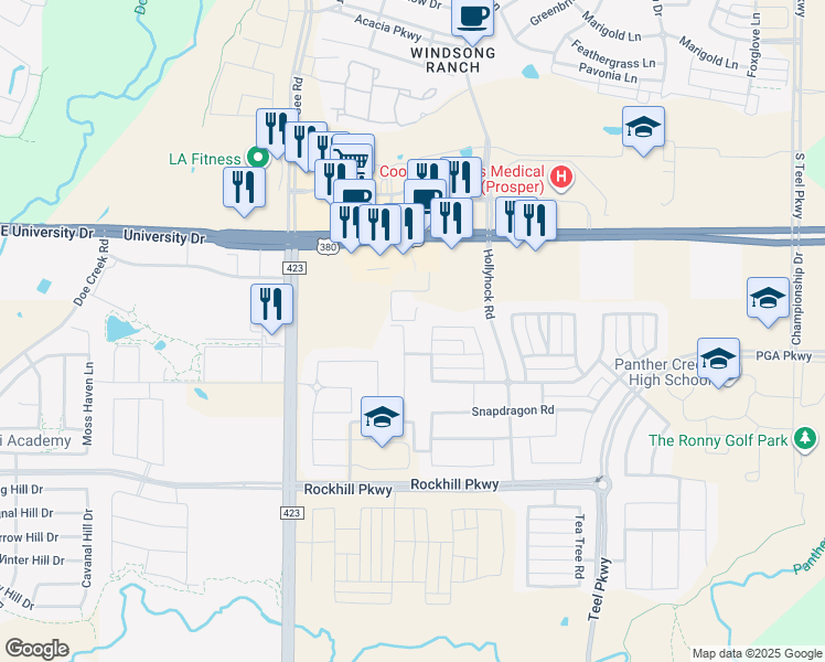 map of restaurants, bars, coffee shops, grocery stores, and more near 16582 Lorna Doone Lane in Lakewood Village