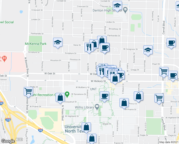 map of restaurants, bars, coffee shops, grocery stores, and more near 1624 W Oak St in Denton