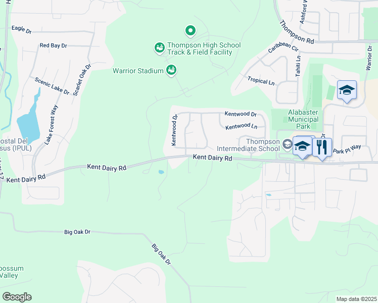 map of restaurants, bars, coffee shops, grocery stores, and more near 139 Kentwood Trail in Alabaster