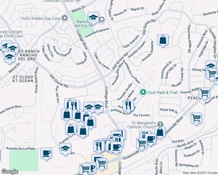 map of restaurants, bars, coffee shops, grocery stores, and more near 1834 Calle Las Palmas in Oceanside
