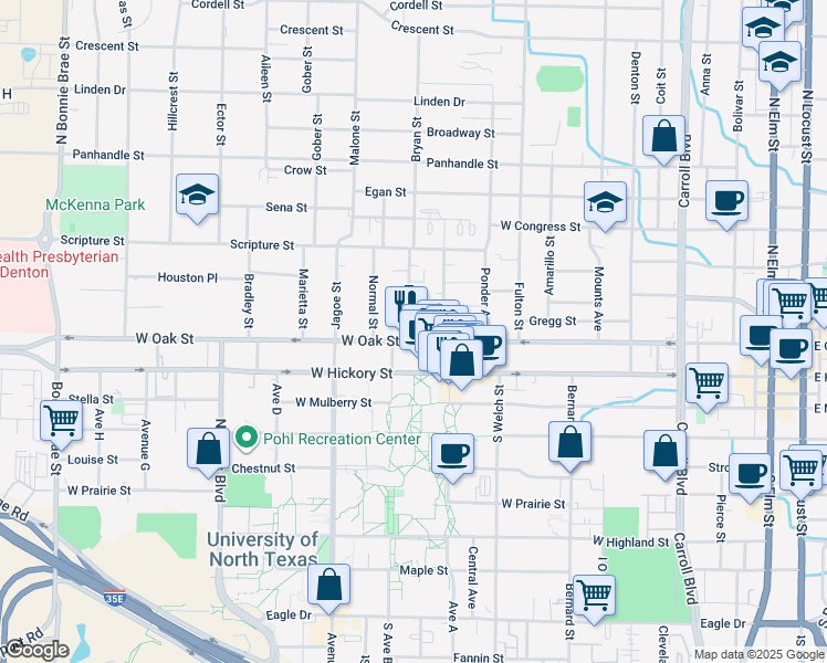 map of restaurants, bars, coffee shops, grocery stores, and more near 1324 West Oak Street in Denton