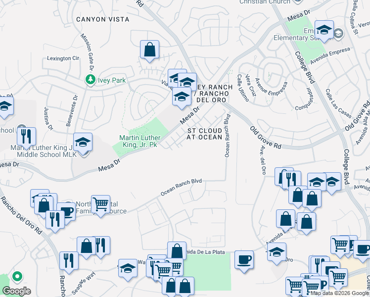 map of restaurants, bars, coffee shops, grocery stores, and more near 4305 Pacifica Way in Oceanside
