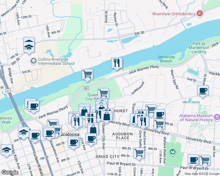 map of restaurants, bars, coffee shops, grocery stores, and more near 1745 Jack Warner Parkway in Tuscaloosa