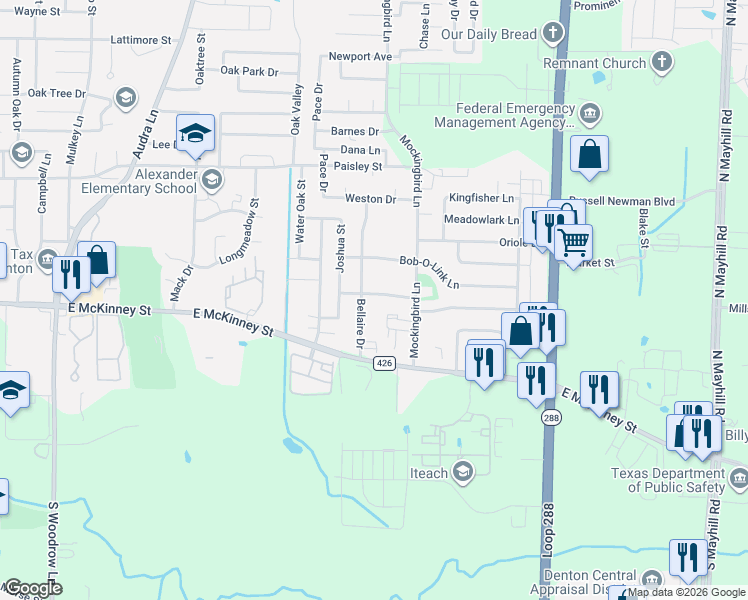 map of restaurants, bars, coffee shops, grocery stores, and more near 3008 Montclair Place in Denton