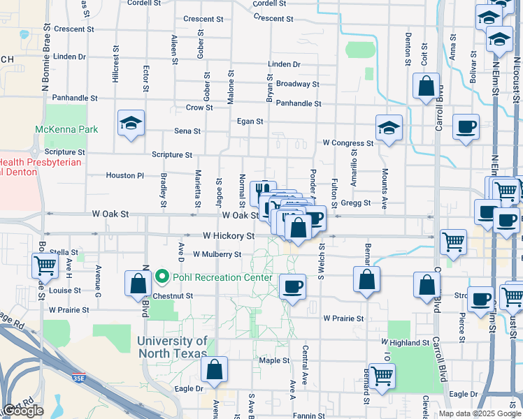 map of restaurants, bars, coffee shops, grocery stores, and more near 1324 West Oak Street in Denton
