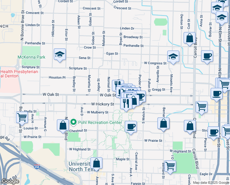 map of restaurants, bars, coffee shops, grocery stores, and more near 204 Normal Street in Denton