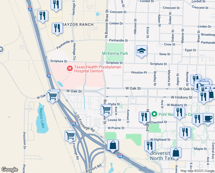 map of restaurants, bars, coffee shops, grocery stores, and more near 2310 West Oak Street in Denton