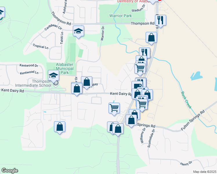 map of restaurants, bars, coffee shops, grocery stores, and more near 104 Douglas Drive in Alabaster