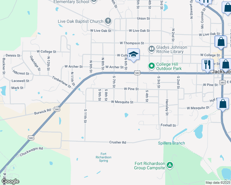 map of restaurants, bars, coffee shops, grocery stores, and more near 211 South 7th Street in Jacksboro