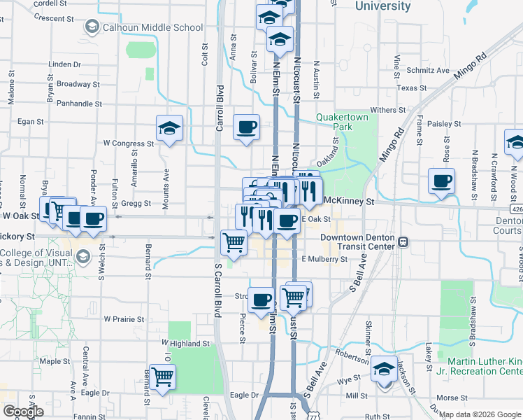 map of restaurants, bars, coffee shops, grocery stores, and more near 205 North Elm Street in Denton