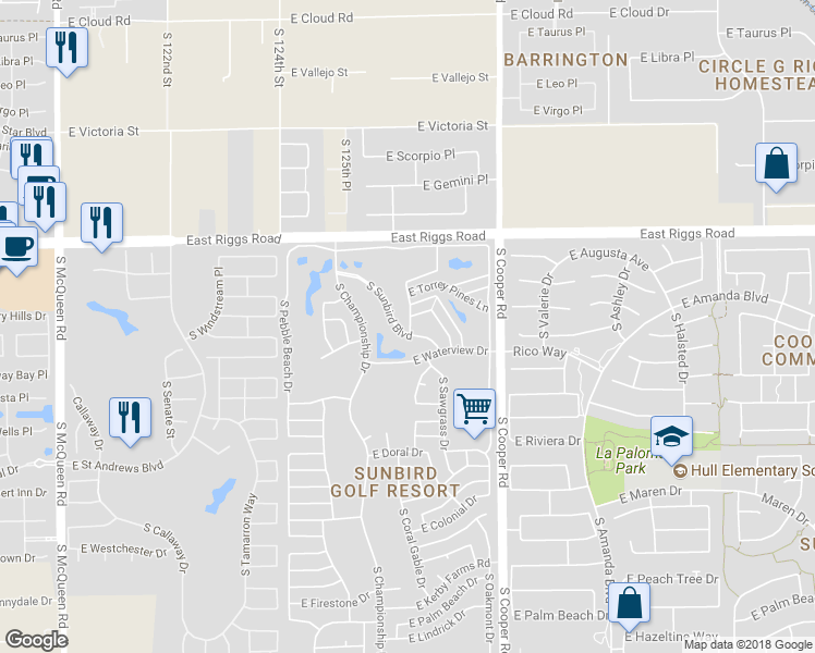 map of restaurants, bars, coffee shops, grocery stores, and more near 6274 South Cypress Point Drive in Chandler